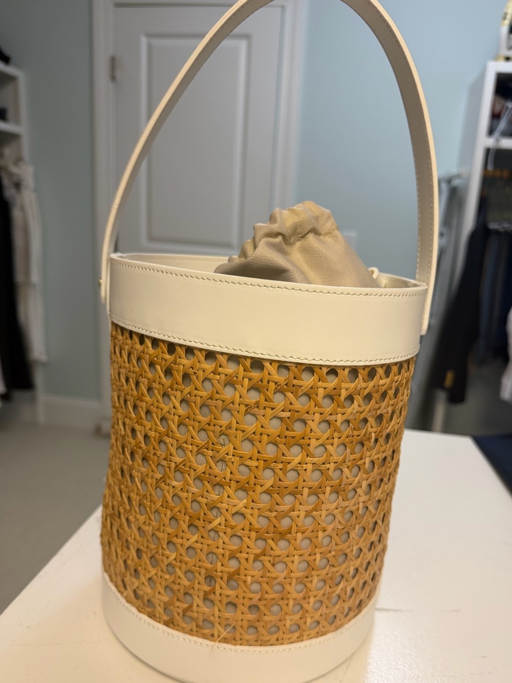 Cream & White Woven Bucket Handbag